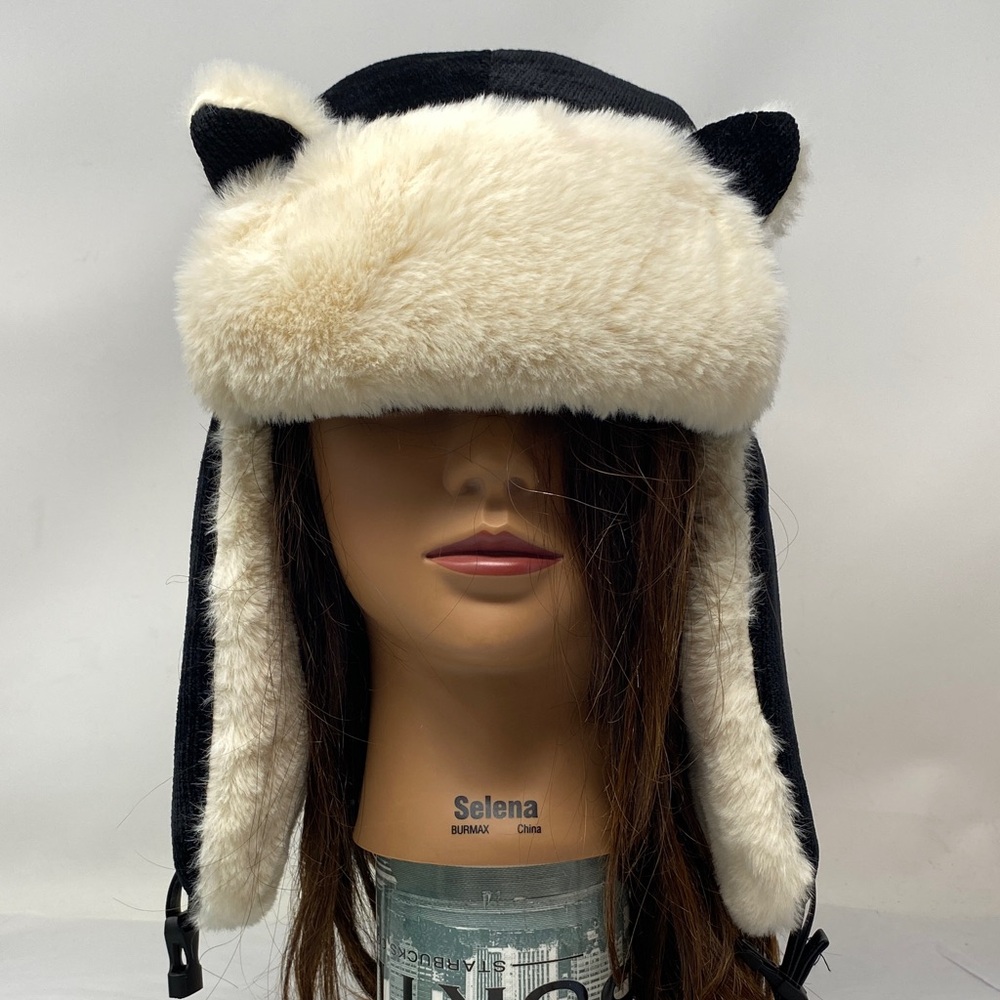 Cat Ear Velvet Faux Fur Black & White Trapper Hat